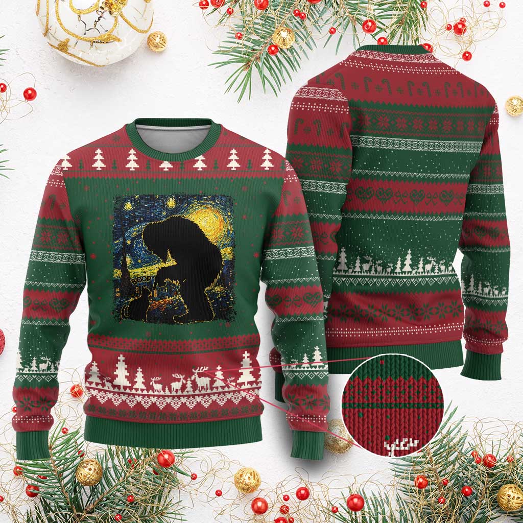 Fun Hand Boop Nose Bigfoot Cat Ugly Christmas Sweater Sasquatch Starry Night Van Gogh