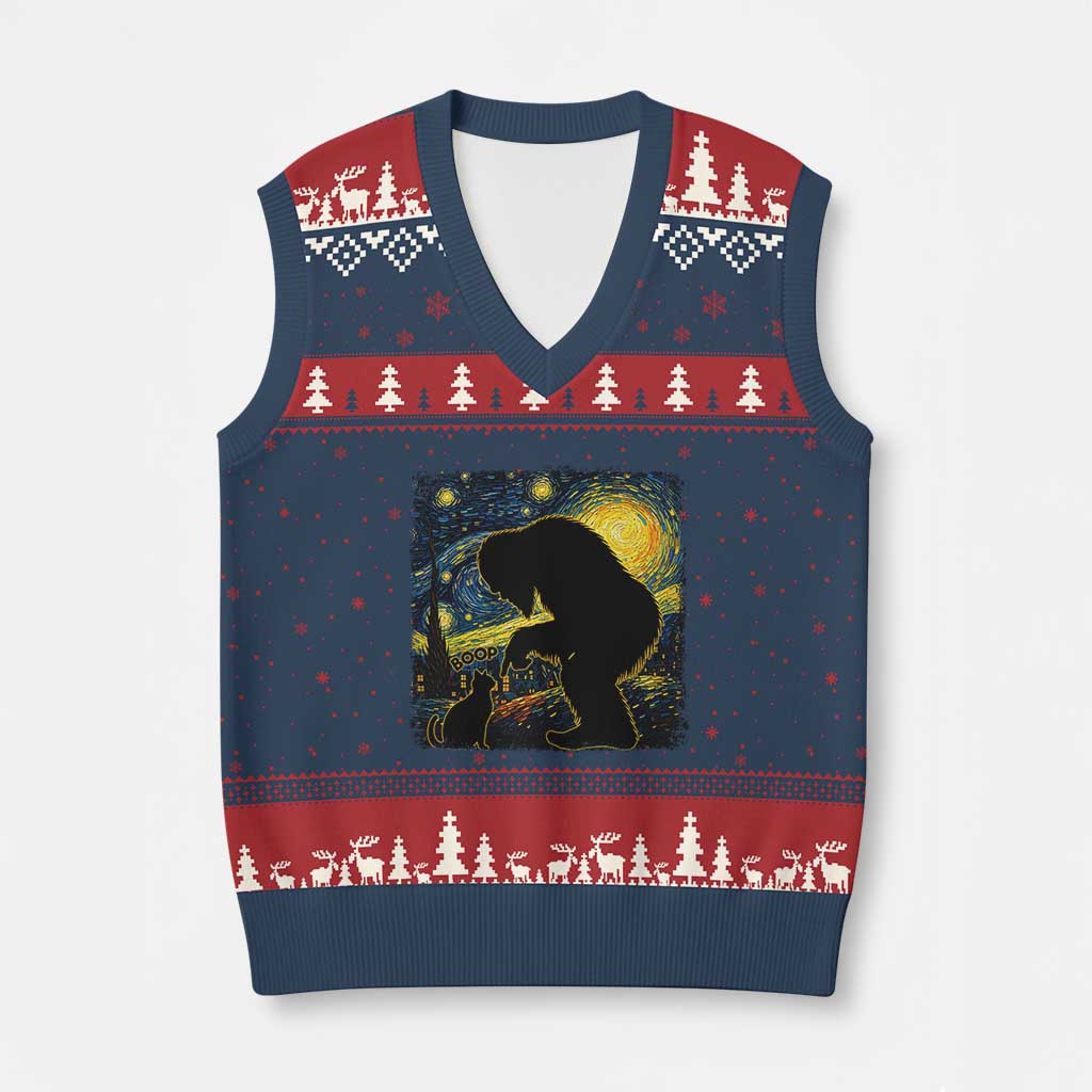Fun Hand Boop Nose Bigfoot Cat V-Neck Knit Sweater Vest Sasquatch Starry Night Van Gogh