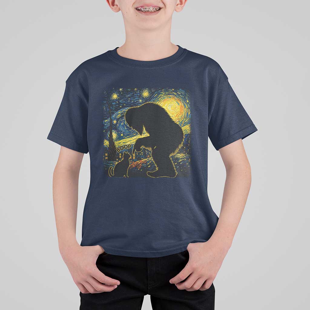 Fun Hand Boop Nose Bigfoot Cat T Shirt For Kid Sasquatch Starry Night Van Gogh