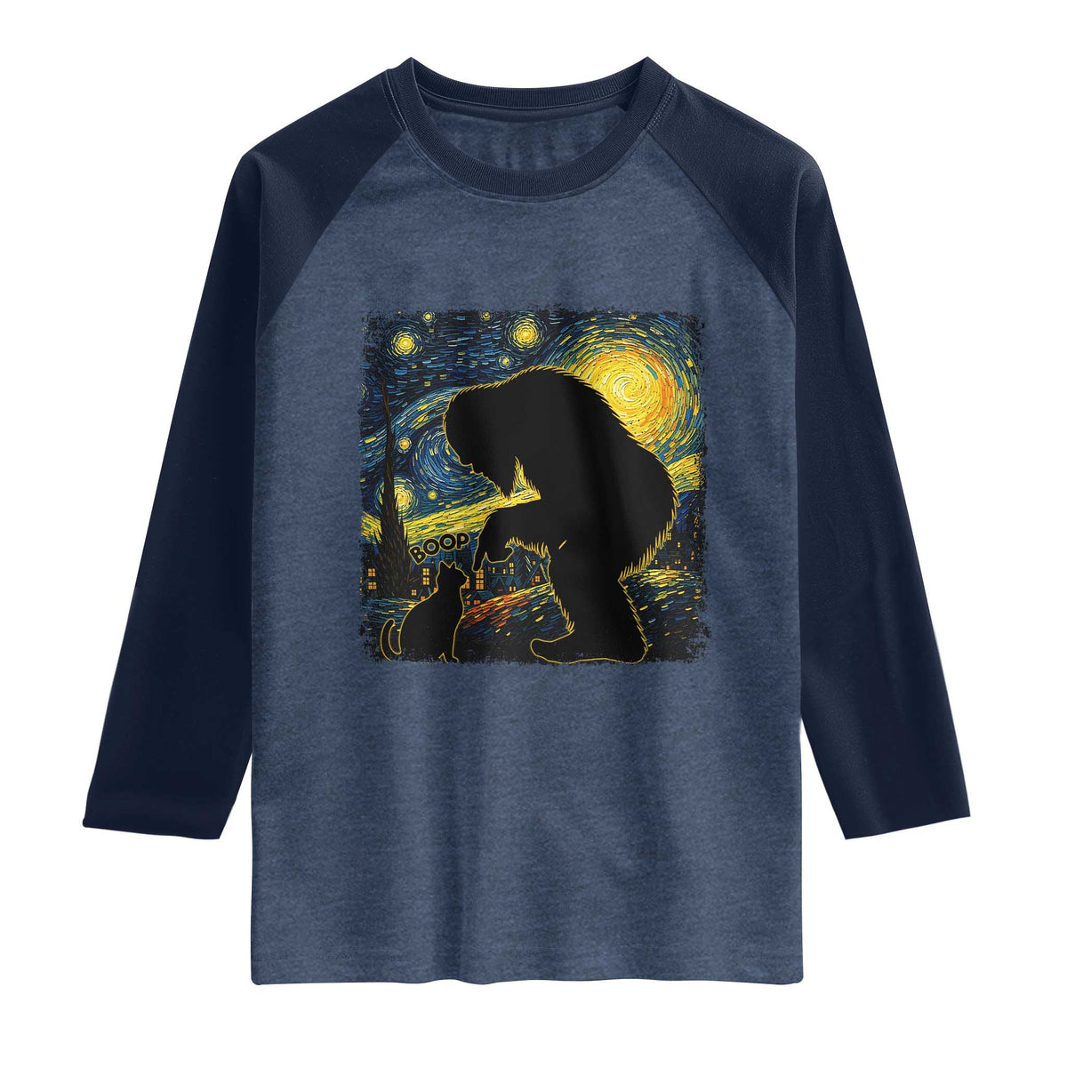 Fun Hand Boop Nose Bigfoot Cat Raglan Shirt Sasquatch Starry Night Van Gogh