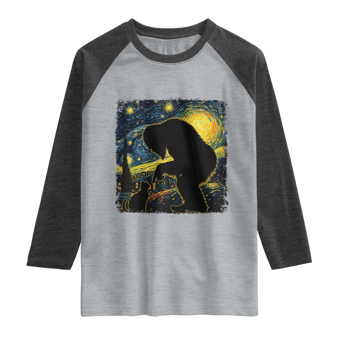 Fun Hand Boop Nose Bigfoot Cat Raglan Shirt Sasquatch Starry Night Van Gogh
