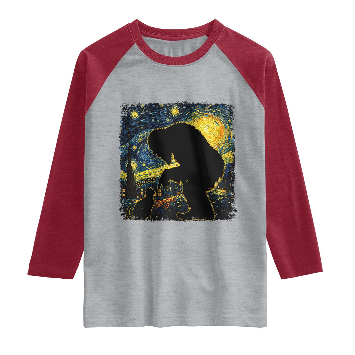 Fun Hand Boop Nose Bigfoot Cat Raglan Shirt Sasquatch Starry Night Van Gogh