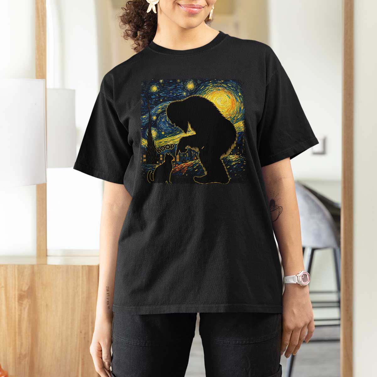 Fun Hand Boop Nose Bigfoot Cat T Shirt For Women Sasquatch Starry Night Van Gogh