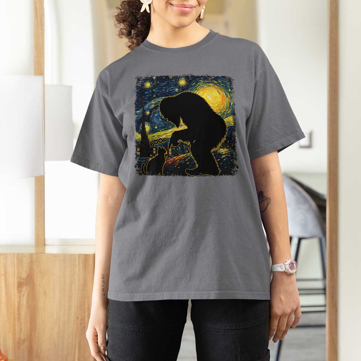 Fun Hand Boop Nose Bigfoot Cat T Shirt For Women Sasquatch Starry Night Van Gogh