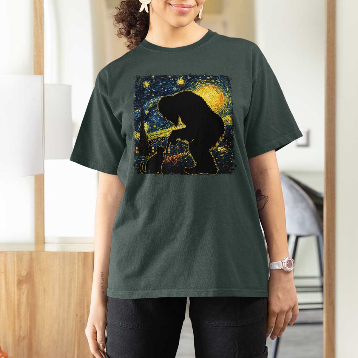 Fun Hand Boop Nose Bigfoot Cat T Shirt For Women Sasquatch Starry Night Van Gogh