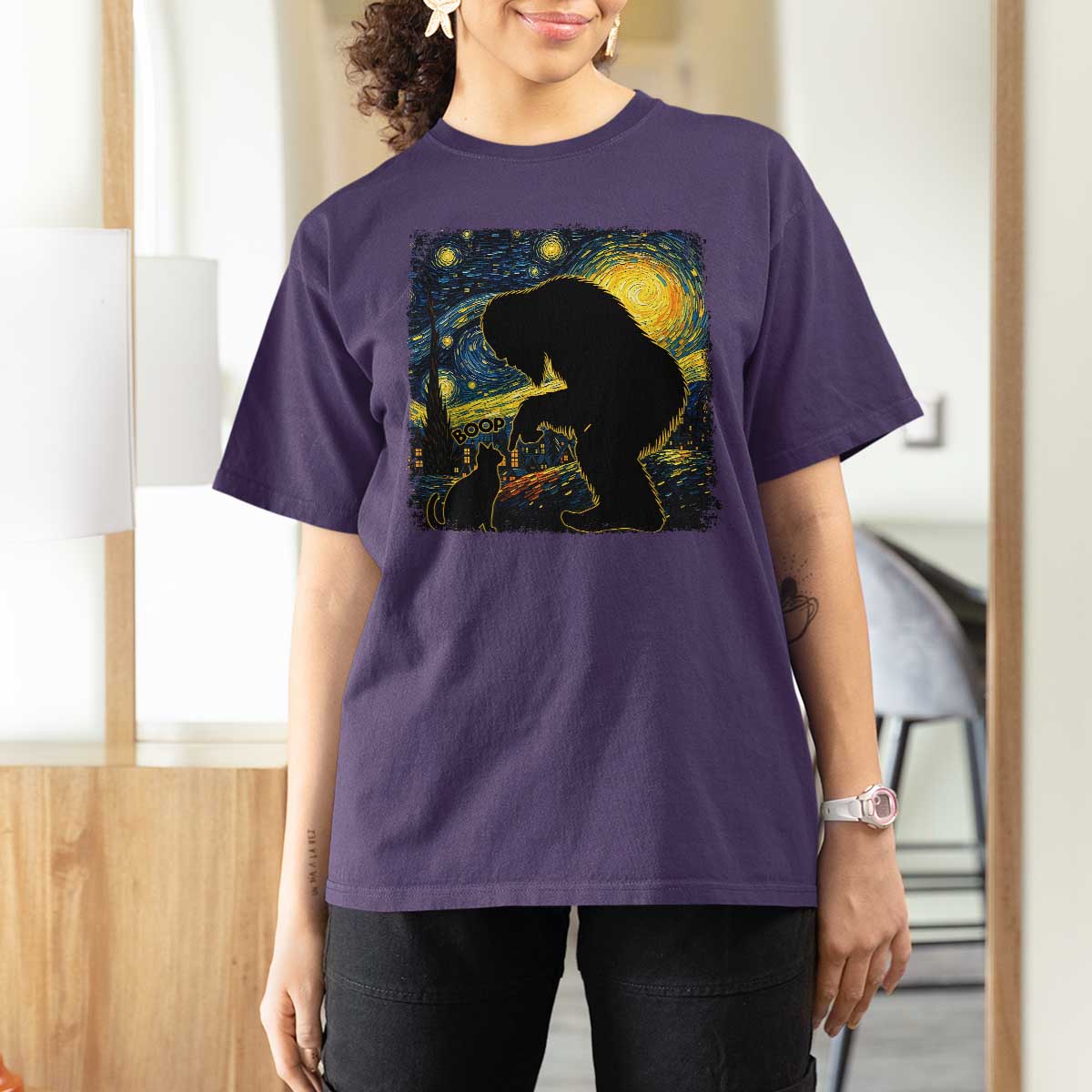Fun Hand Boop Nose Bigfoot Cat T Shirt For Women Sasquatch Starry Night Van Gogh