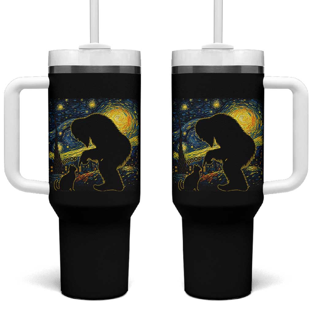 Fun Hand Boop Nose Bigfoot Cat Tumbler With Handle Sasquatch Starry Night Van Gogh