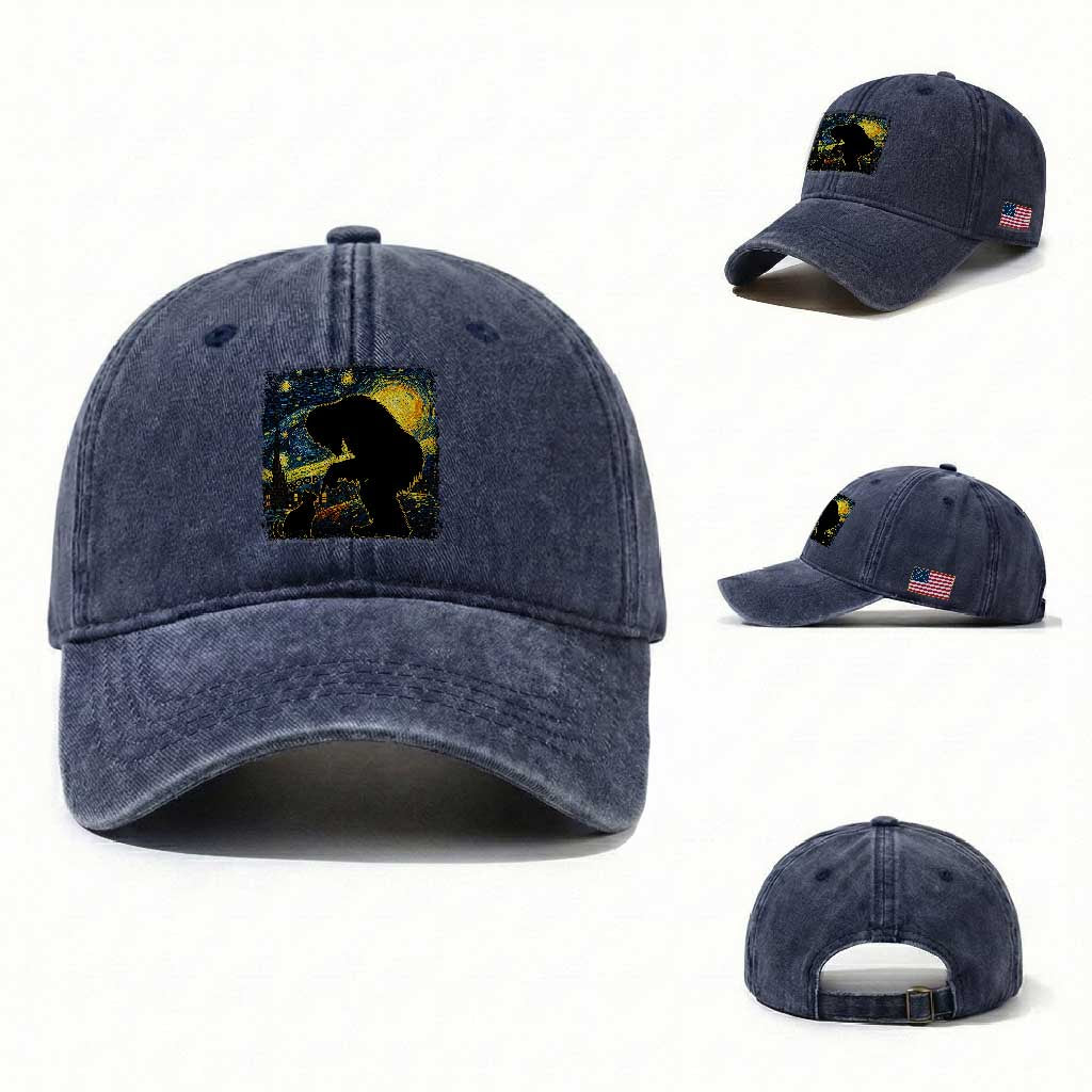 Fun Hand Boop Nose Bigfoot Cat Washed Cotton Baseball Cap Sasquatch Starry Night Van Gogh