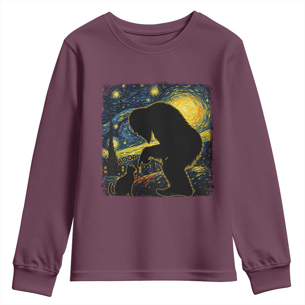 Fun Hand Boop Nose Bigfoot Cat Youth Sweatshirt Sasquatch Starry Night Van Gogh