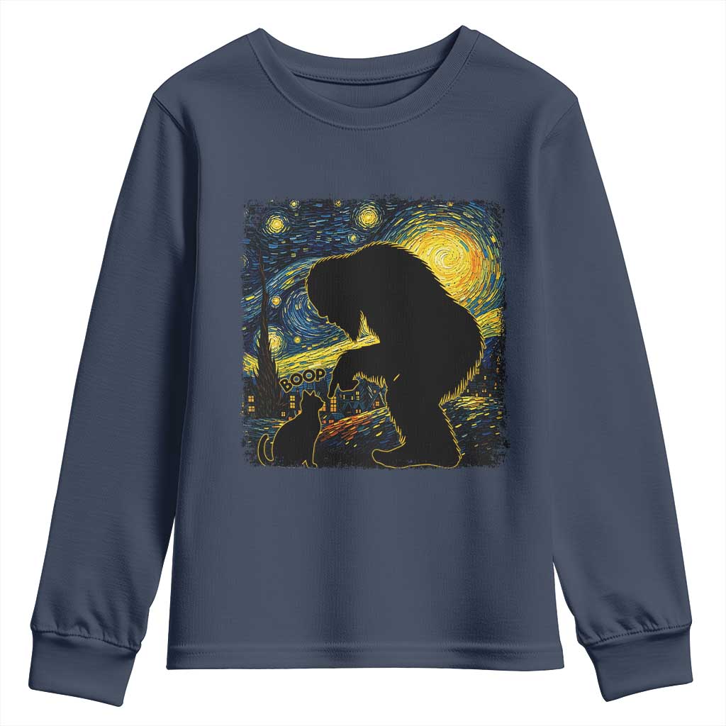 Fun Hand Boop Nose Bigfoot Cat Youth Sweatshirt Sasquatch Starry Night Van Gogh