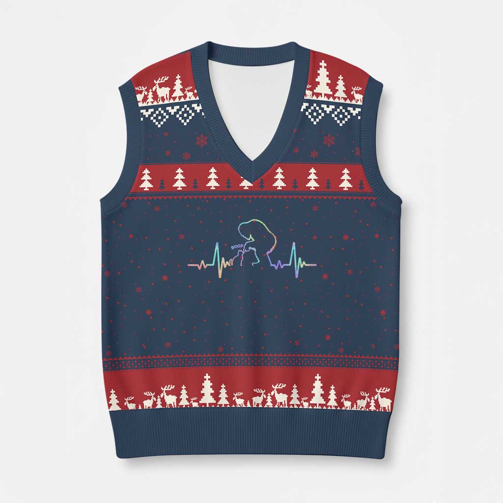 Fun Hand Boop Nose Bigfoot Cat V-Neck Knit Sweater Vest Heartbeat Sasquatch Cat Lover Animal Silhouette