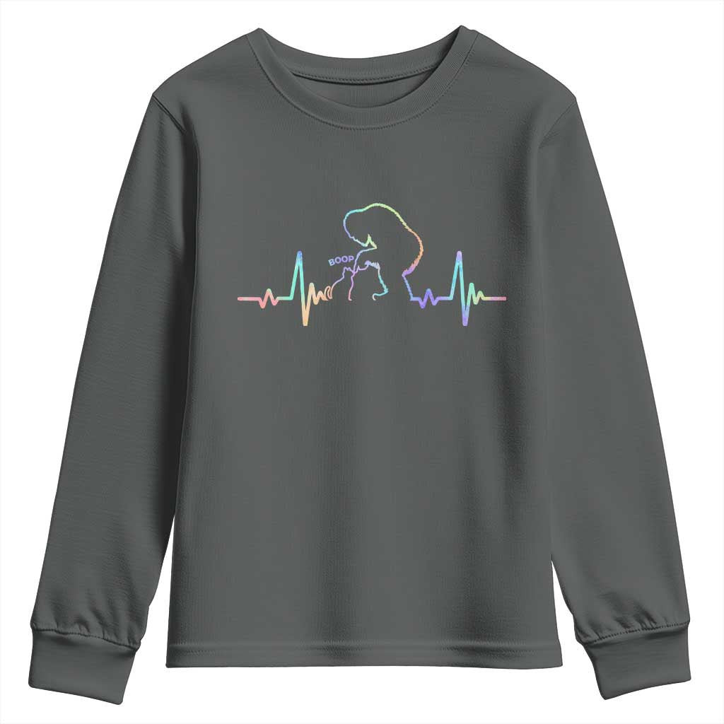 Fun Hand Boop Nose Bigfoot Cat Youth Sweatshirt Heartbeat Sasquatch Cat Lover Animal Silhouette