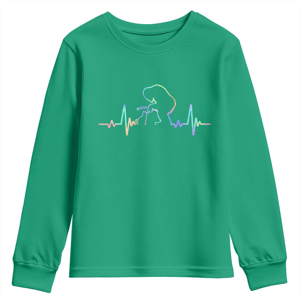 Fun Hand Boop Nose Bigfoot Cat Youth Sweatshirt Heartbeat Sasquatch Cat Lover Animal Silhouette