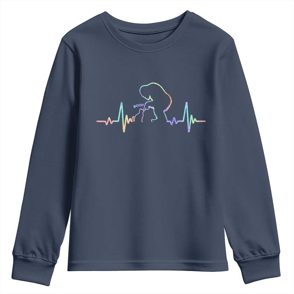 Fun Hand Boop Nose Bigfoot Cat Youth Sweatshirt Heartbeat Sasquatch Cat Lover Animal Silhouette