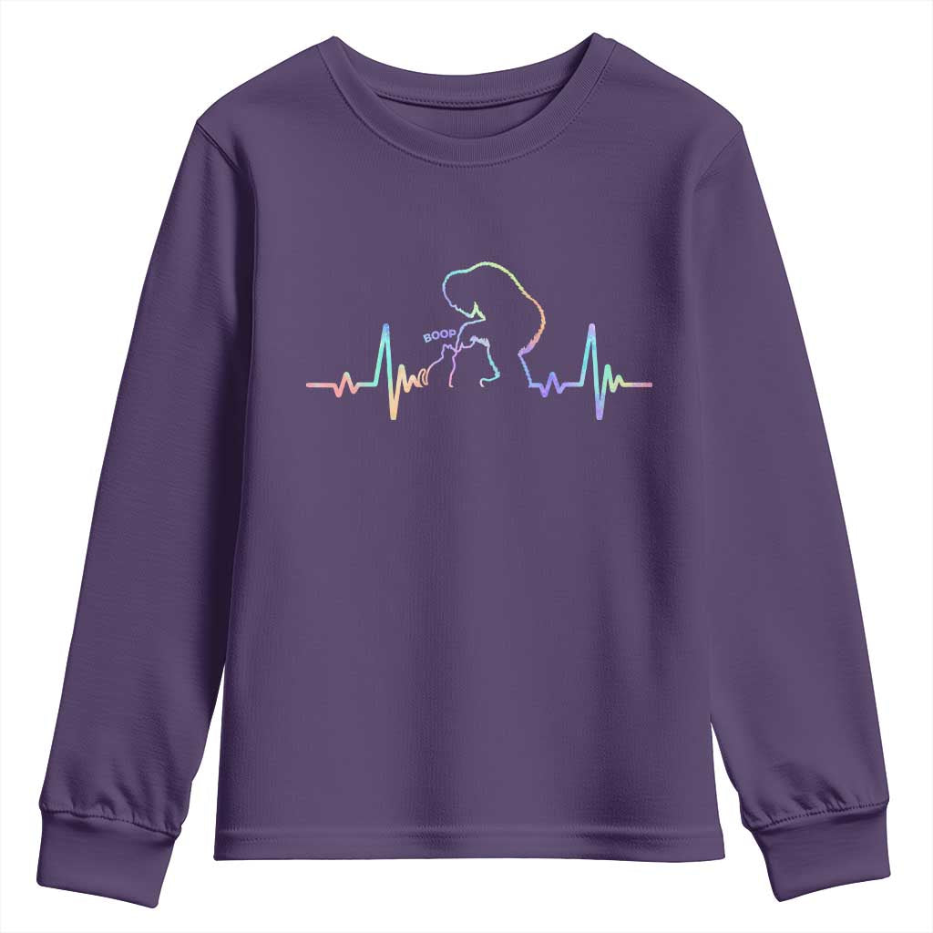 Fun Hand Boop Nose Bigfoot Cat Youth Sweatshirt Heartbeat Sasquatch Cat Lover Animal Silhouette