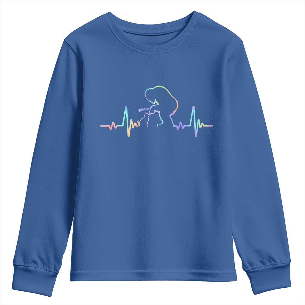 Fun Hand Boop Nose Bigfoot Cat Youth Sweatshirt Heartbeat Sasquatch Cat Lover Animal Silhouette