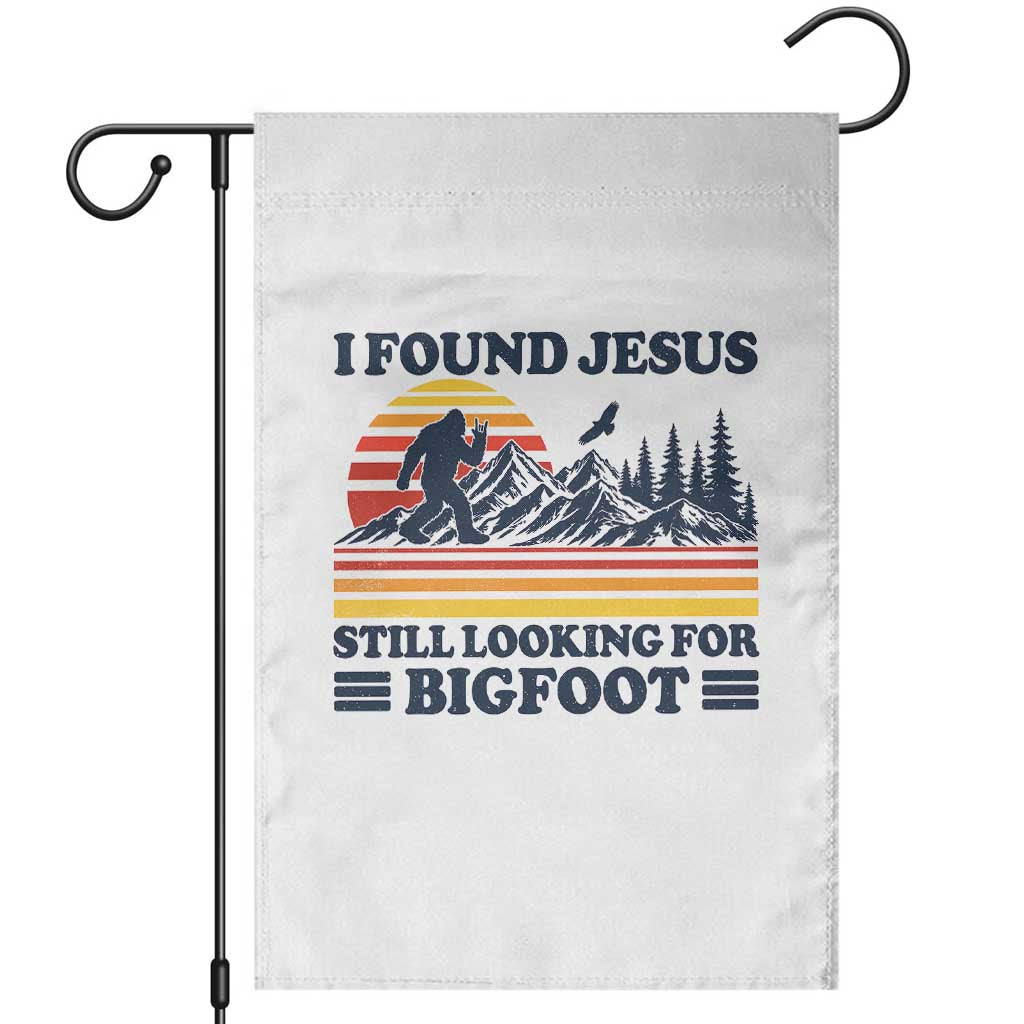 Retro I Found Jesus Still Looking Bigfoot Garden Flag Funny Sasquatch Bigfoot Believer Christian Humor