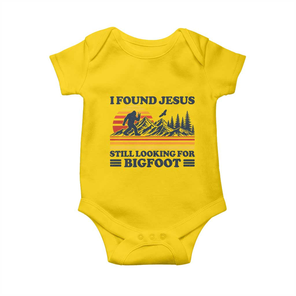 Retro I Found Jesus Still Looking Bigfoot Baby Onesie Funny Sasquatch Bigfoot Believer Christian Humor