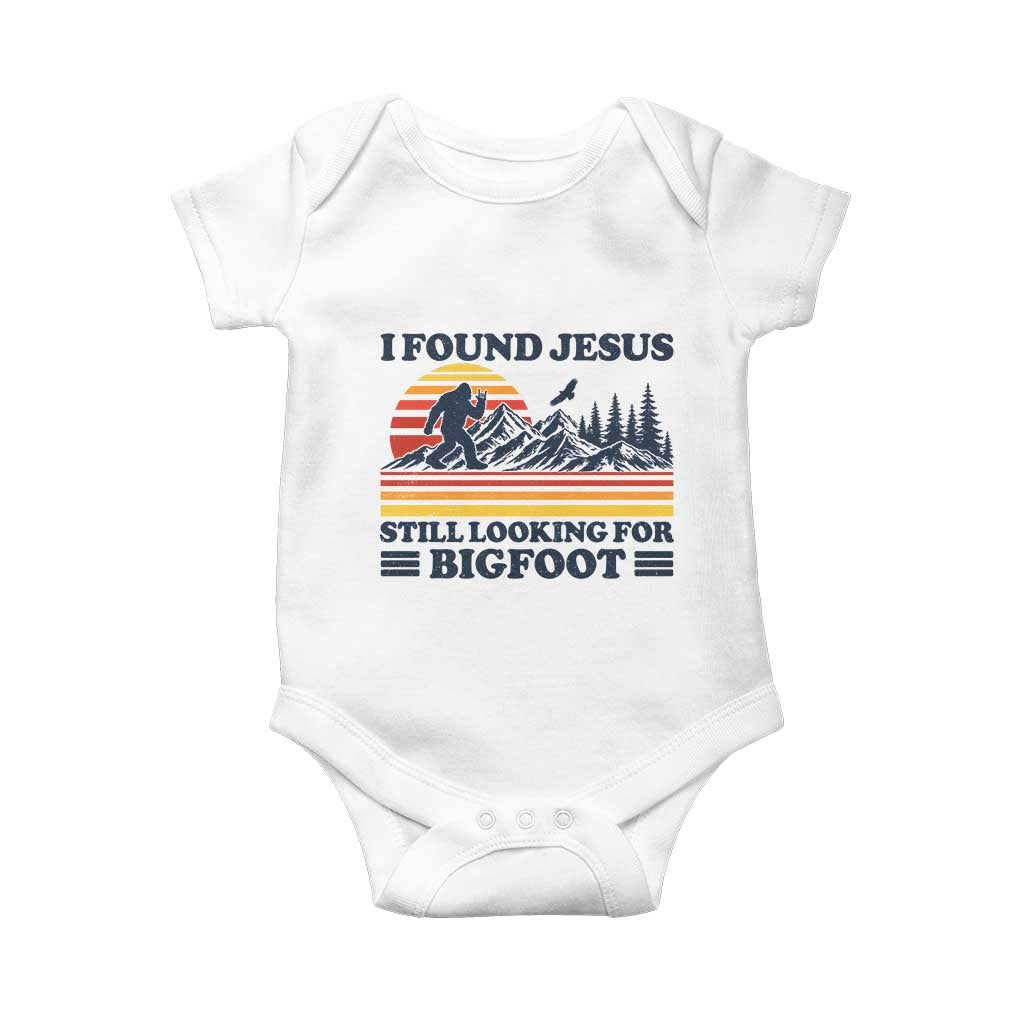 Retro I Found Jesus Still Looking Bigfoot Baby Onesie Funny Sasquatch Bigfoot Believer Christian Humor