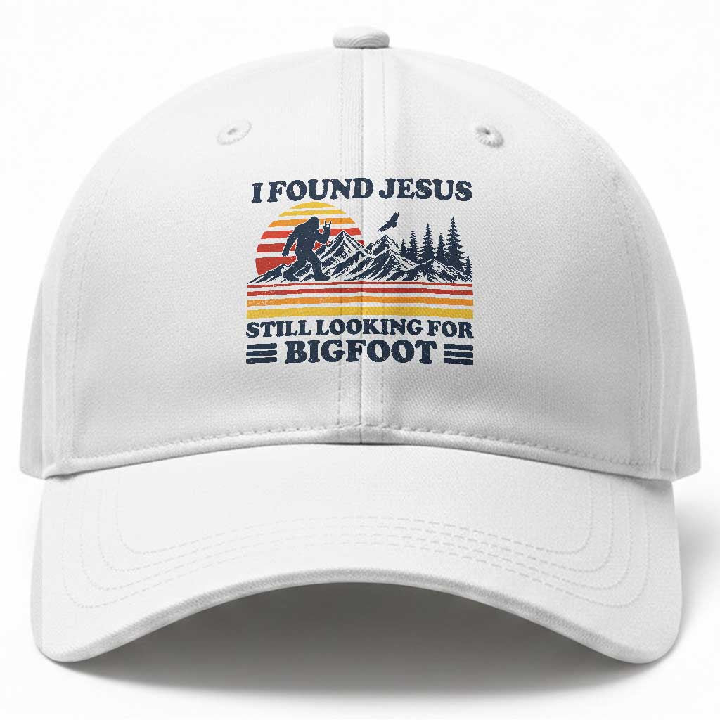 Retro I Found Jesus Still Looking Bigfoot Baseball Cap Funny Sasquatch Bigfoot Believer Christian Humor
