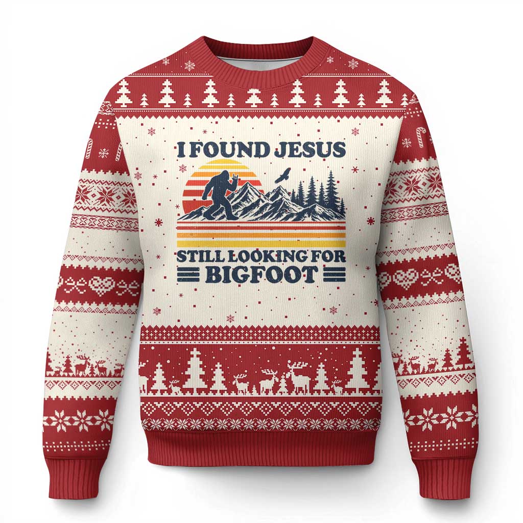 Retro I Found Jesus Still Looking Bigfoot Ugly Christmas Sweater Funny Sasquatch Bigfoot Believer Christian Humor