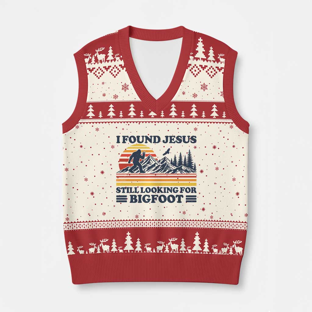 Retro I Found Jesus Still Looking Bigfoot V-Neck Knit Sweater Vest Funny Sasquatch Bigfoot Believer Christian Humor
