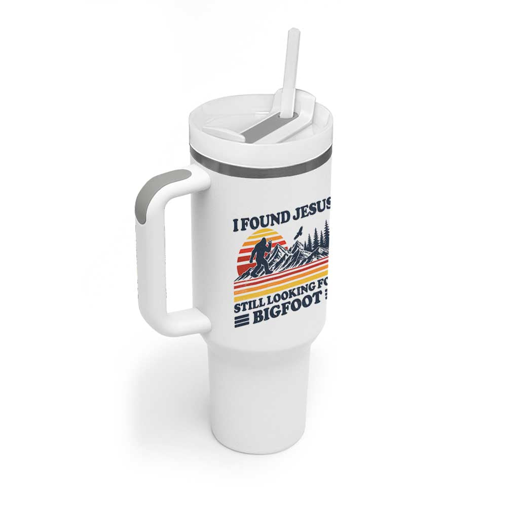 Retro I Found Jesus Still Looking Bigfoot Tumbler With Handle Funny Sasquatch Bigfoot Believer Christian Humor