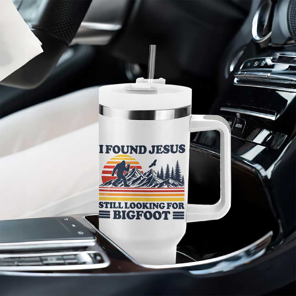 Retro I Found Jesus Still Looking Bigfoot Tumbler With Handle Funny Sasquatch Bigfoot Believer Christian Humor