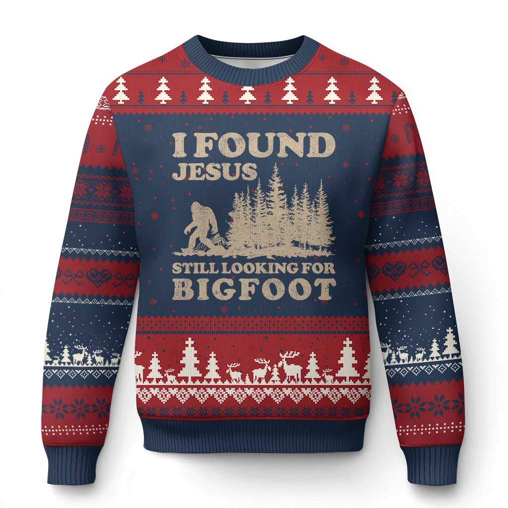 Retro I Found Jesus Still Looking Bigfoot Ugly Christmas Sweater Vintage Sasquatch Believer Funny Christian Humor