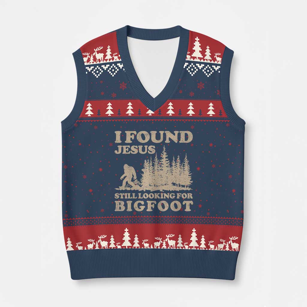 Retro I Found Jesus Still Looking Bigfoot V-Neck Knit Sweater Vest Vintage Sasquatch Believer Funny Christian Humor