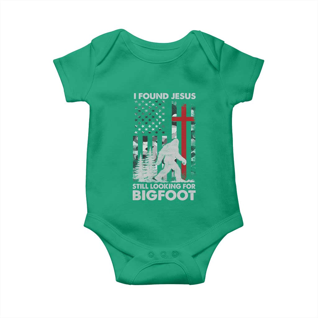 Retro I Found Jesus Still Looking For Bigfoot Baby Onesie Camouflage US American Flag Camo