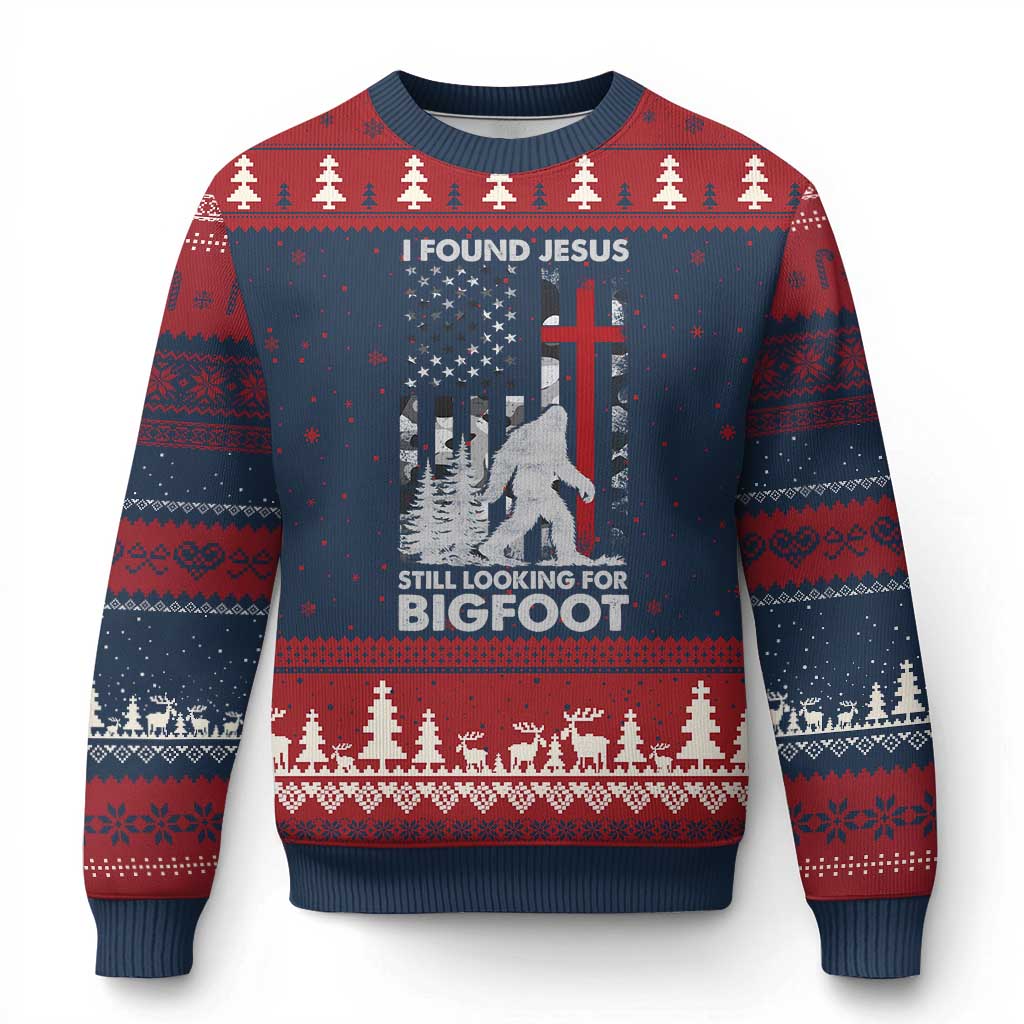 Retro I Found Jesus Still Looking For Bigfoot Ugly Christmas Sweater Camouflage US American Flag Camo