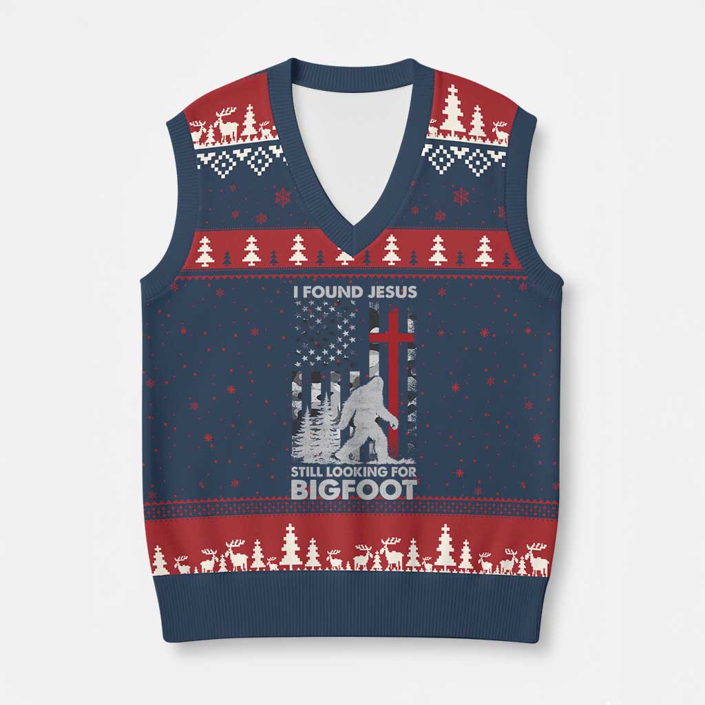 Retro I Found Jesus Still Looking For Bigfoot V-Neck Knit Sweater Vest Camouflage US American Flag Camo