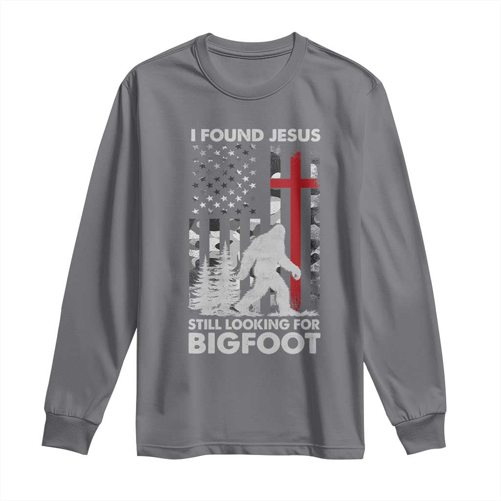 Retro I Found Jesus Still Looking For Bigfoot Long Sleeve Shirt Camouflage US American Flag Camo