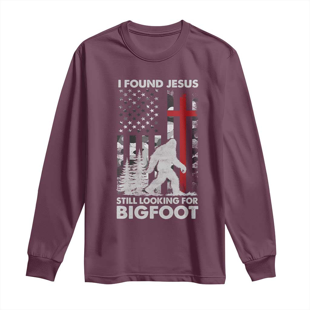 Retro I Found Jesus Still Looking For Bigfoot Long Sleeve Shirt Camouflage US American Flag Camo
