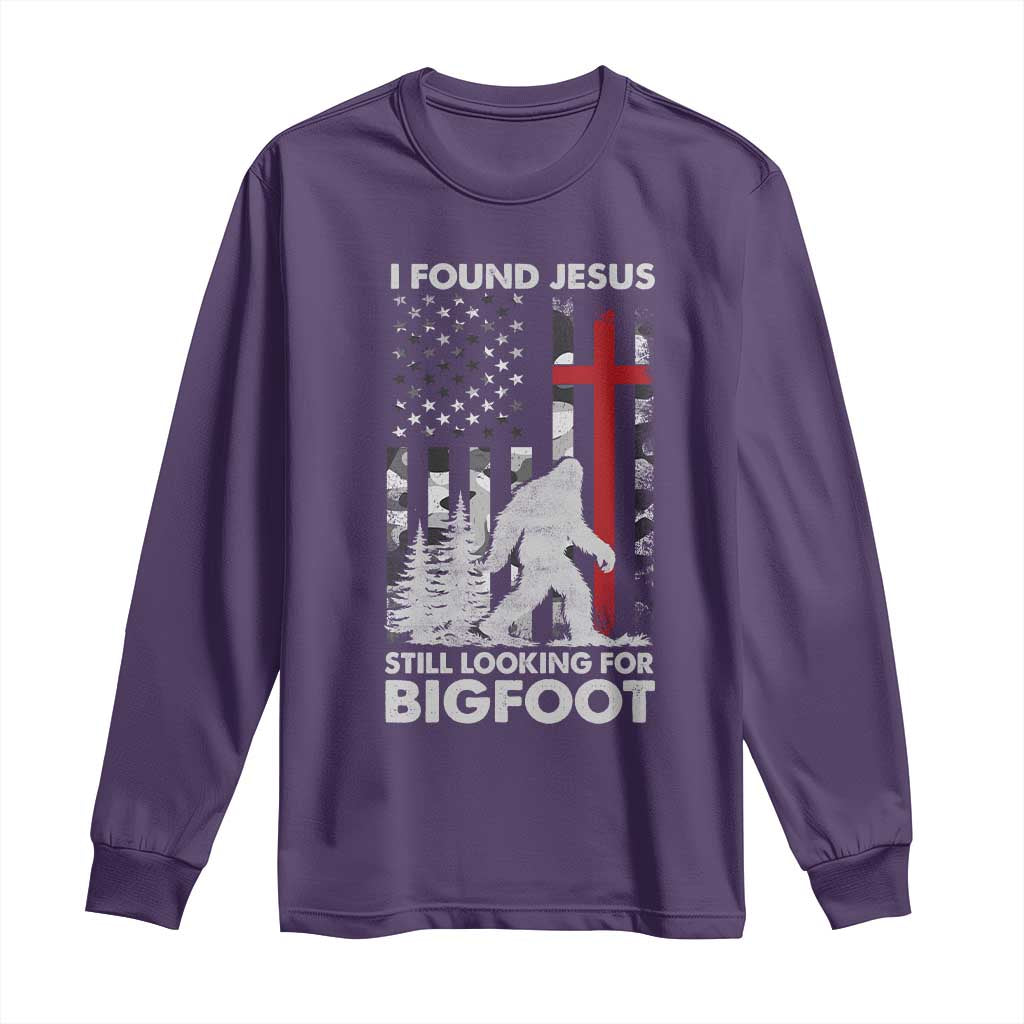 Retro I Found Jesus Still Looking For Bigfoot Long Sleeve Shirt Camouflage US American Flag Camo