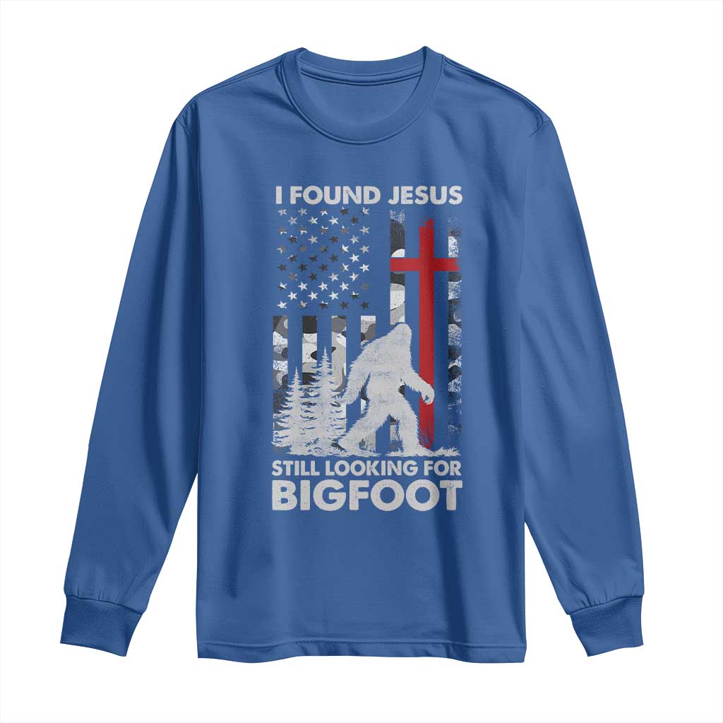 Retro I Found Jesus Still Looking For Bigfoot Long Sleeve Shirt Camouflage US American Flag Camo