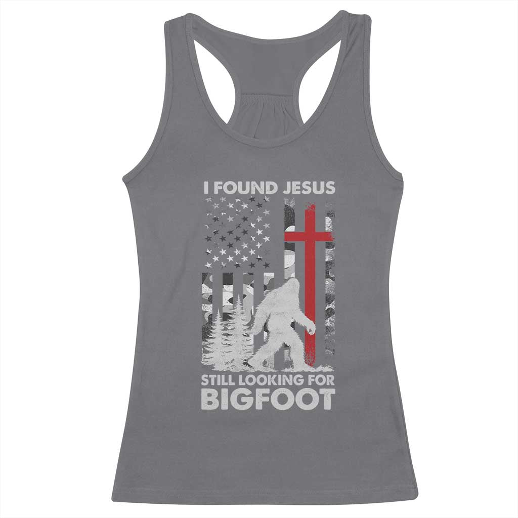 Retro I Found Jesus Still Looking For Bigfoot Racerback Tank Top Camouflage US American Flag Camo