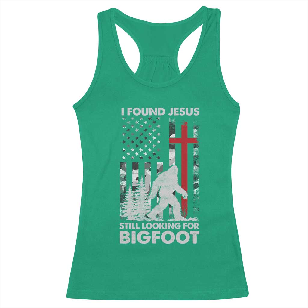 Retro I Found Jesus Still Looking For Bigfoot Racerback Tank Top Camouflage US American Flag Camo