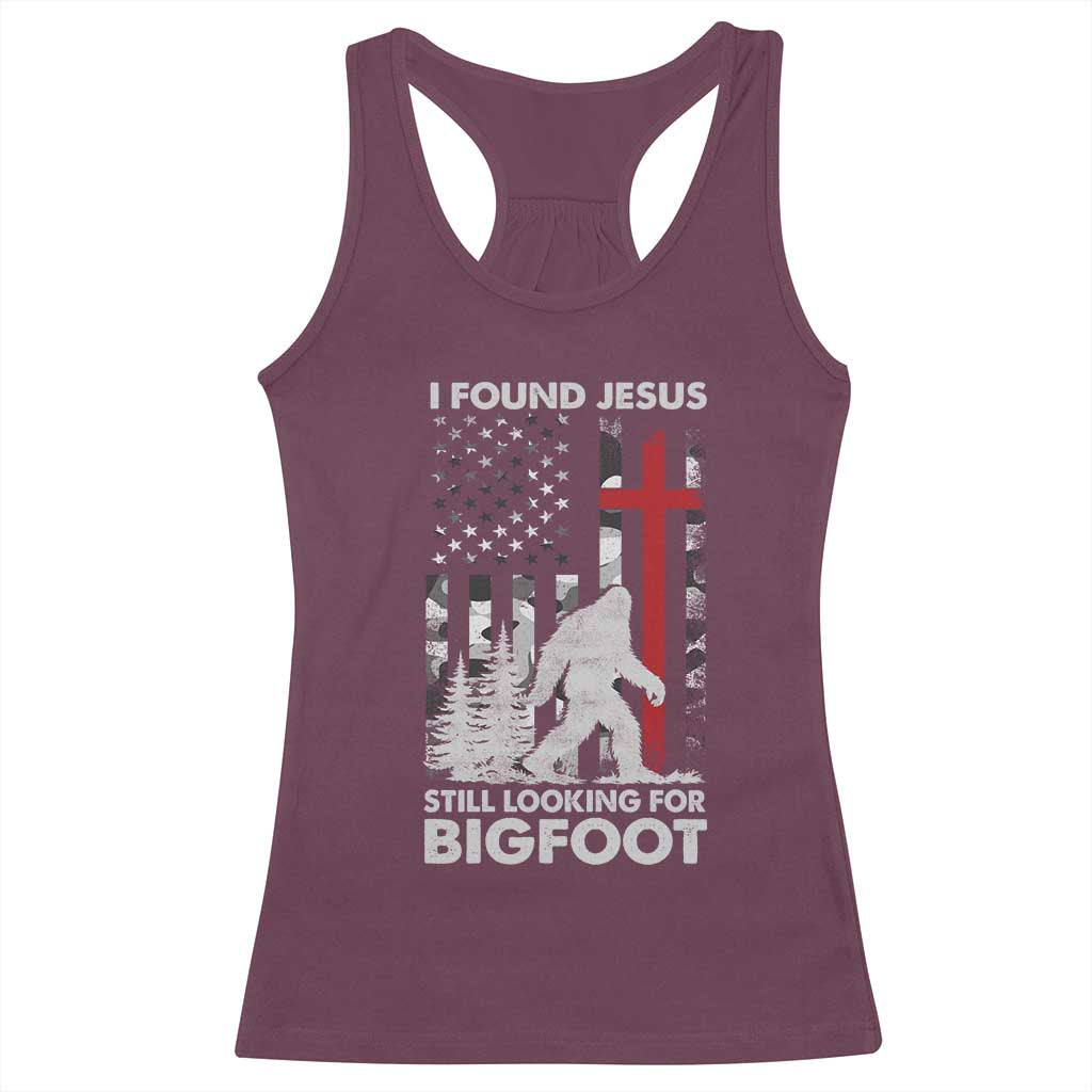 Retro I Found Jesus Still Looking For Bigfoot Racerback Tank Top Camouflage US American Flag Camo