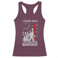 Retro I Found Jesus Still Looking For Bigfoot Racerback Tank Top Camouflage US American Flag Camo