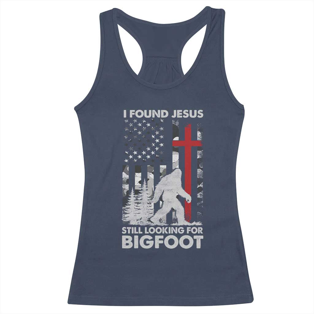 Retro I Found Jesus Still Looking For Bigfoot Racerback Tank Top Camouflage US American Flag Camo
