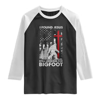 Retro I Found Jesus Still Looking For Bigfoot Raglan Shirt Camouflage US American Flag Camo