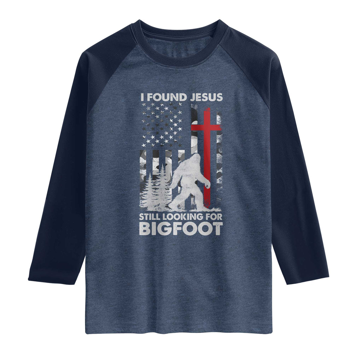 Retro I Found Jesus Still Looking For Bigfoot Raglan Shirt Camouflage US American Flag Camo