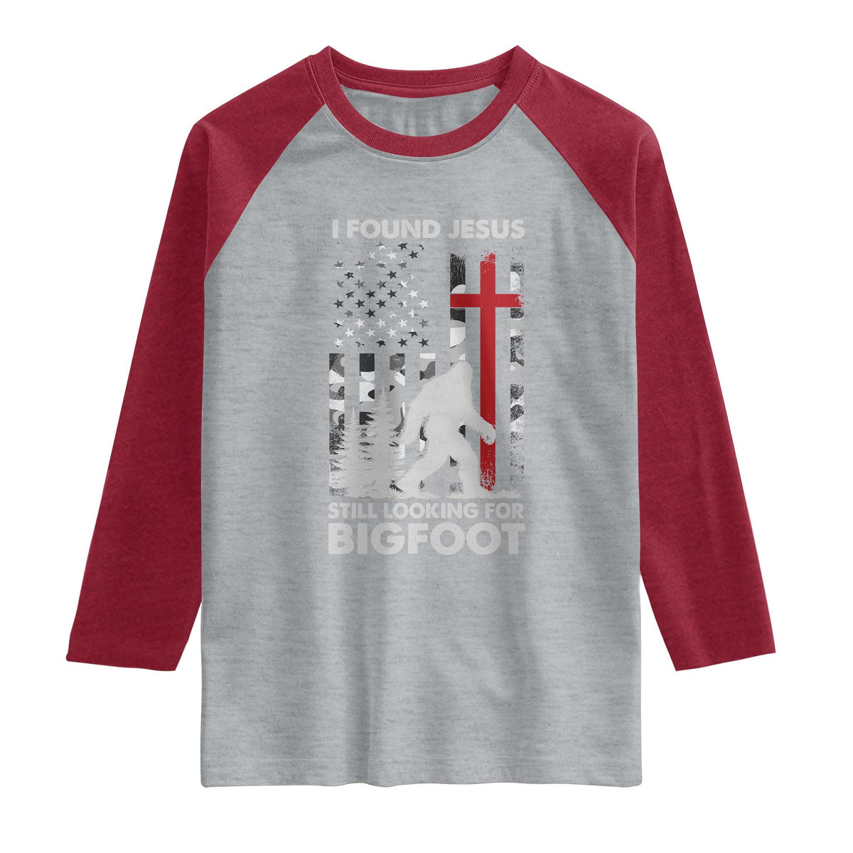 Retro I Found Jesus Still Looking For Bigfoot Raglan Shirt Camouflage US American Flag Camo