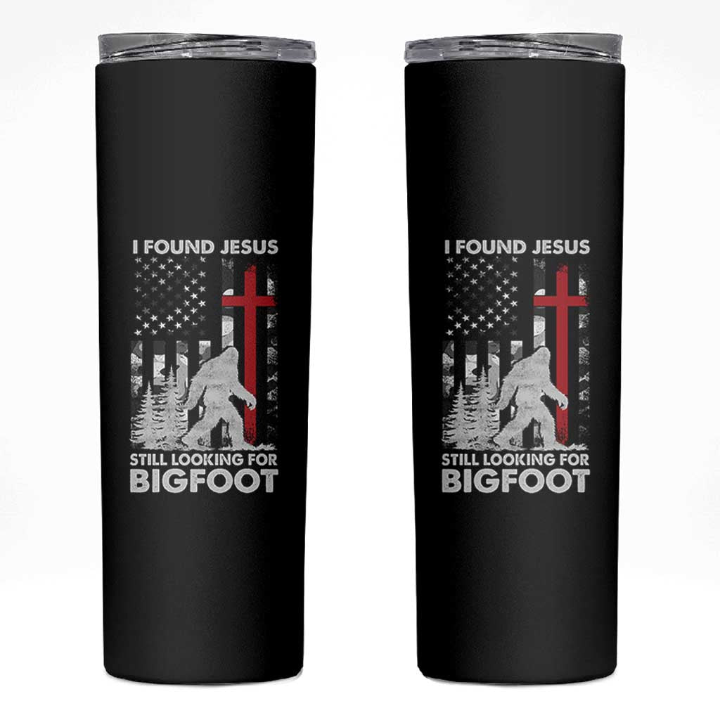 Retro I Found Jesus Still Looking For Bigfoot Skinny Tumbler Camouflage US American Flag Camo