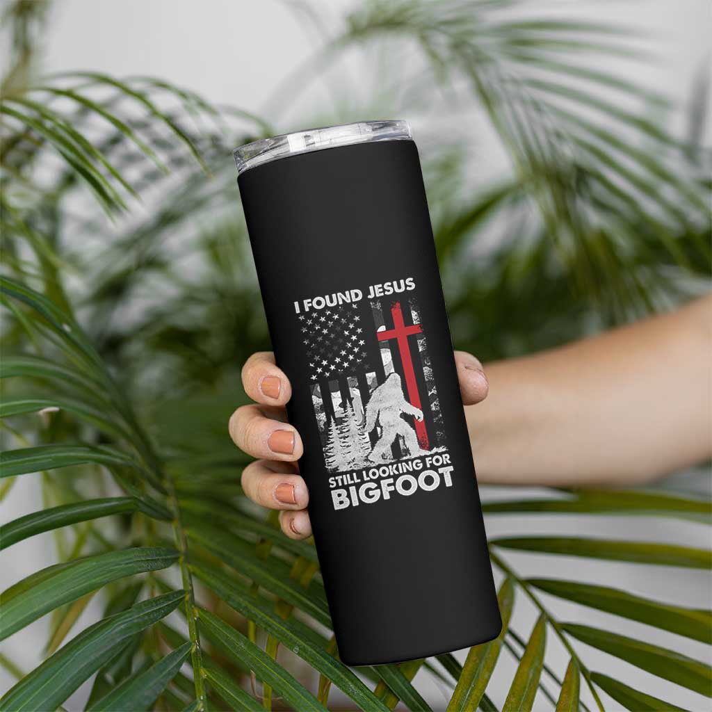 Retro I Found Jesus Still Looking For Bigfoot Skinny Tumbler Camouflage US American Flag Camo