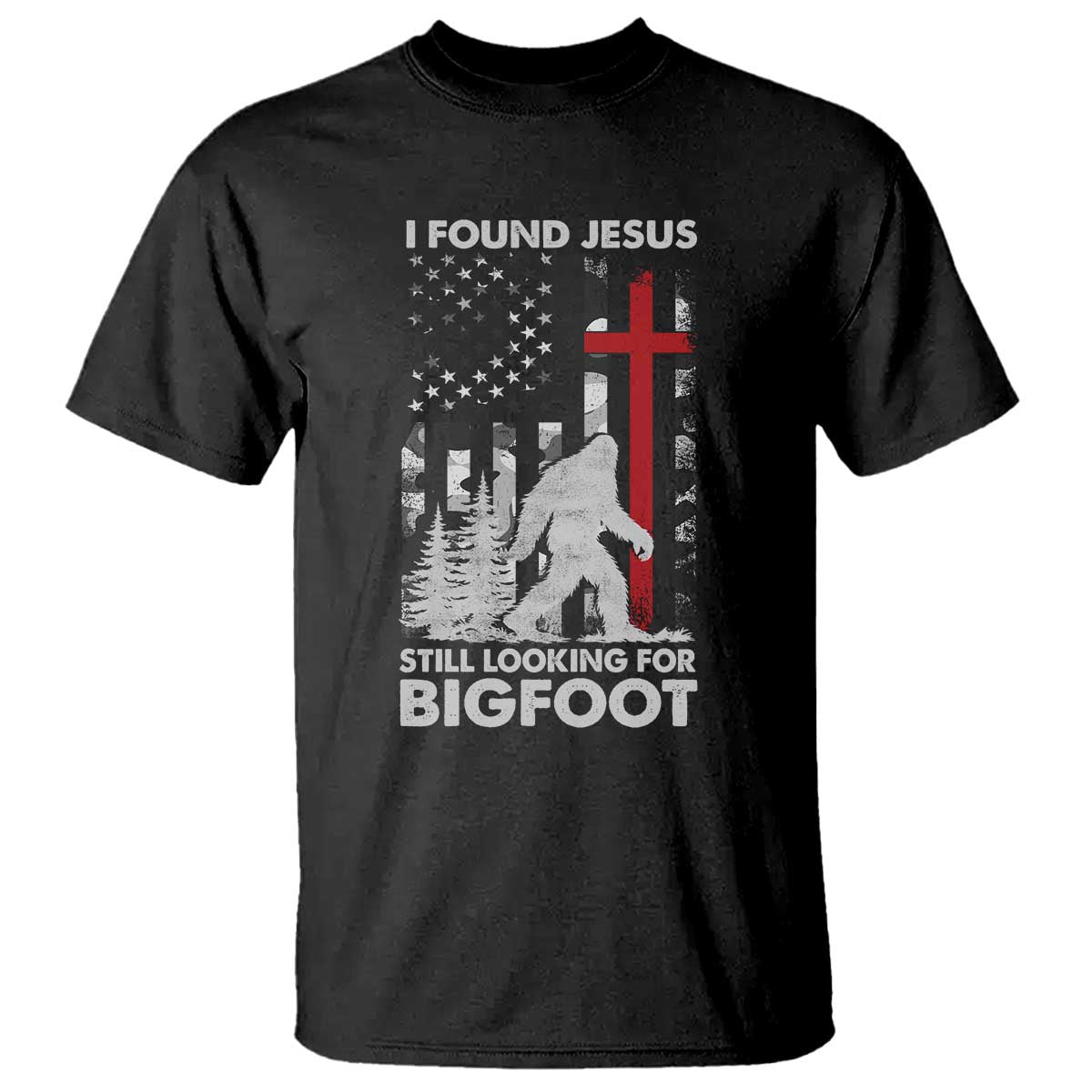 Retro I Found Jesus Still Looking For Bigfoot T Shirt Camouflage US American Flag Camo