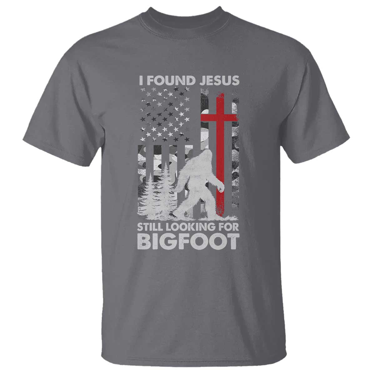 Retro I Found Jesus Still Looking For Bigfoot T Shirt Camouflage US American Flag Camo