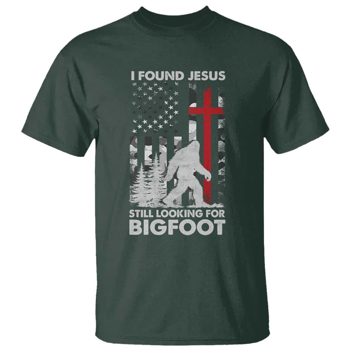 Retro I Found Jesus Still Looking For Bigfoot T Shirt Camouflage US American Flag Camo